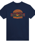 Klassiskt burgarmotiv med 70-talskänsla och varma färger – grafisk t-shirt