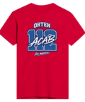 ORTEN 112 ACAB din mamma" tryck i blått och vitt på röd premium t-shirt.