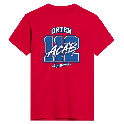 ORTEN 112 ACAB din mamma" tryck i blått och vitt på röd premium t-shirt.