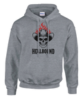 Detaljerad illustration av dödskalle med hatt och flammor på mörkgrå hoodie