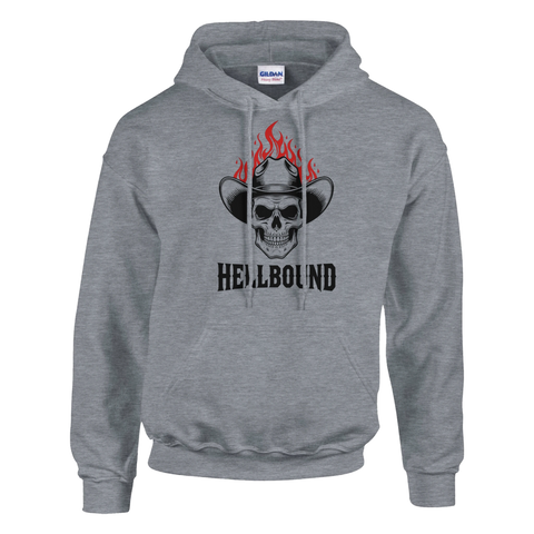Detaljerad illustration av dödskalle med hatt och flammor på mörkgrå hoodie