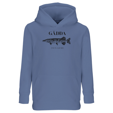 Tidlös illustration av en gädda på blå hoodie i avslappnad passform