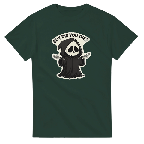 Svart humor motiv av Liemannen som rycker på axlarna – grafisk t-shirt