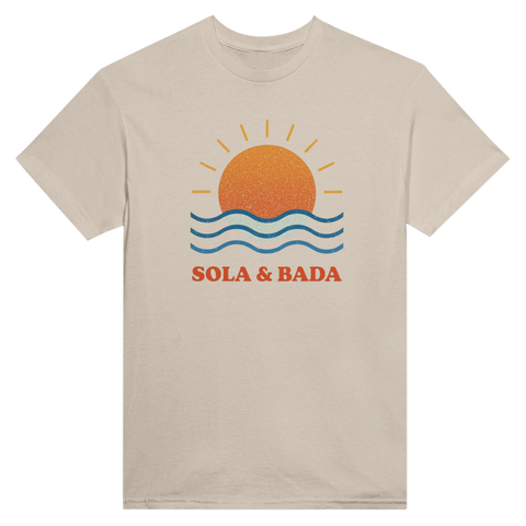 Minimalistiskt retromotiv av en soluppgång på sandfärgad t-shirt