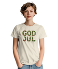 God Jul-text av mistelkransar med röda bär och rosetter på en gräddvit t-shirt.