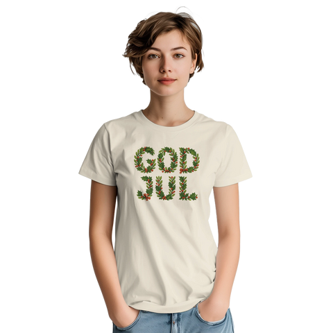 God Jul-text av mistelkransar med röda bär och rosetter på en gräddvit t-shirt.