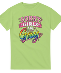 Ljusgrön t-shirt med humoristisk text Sorry Girls I'm Gay och hjärtan