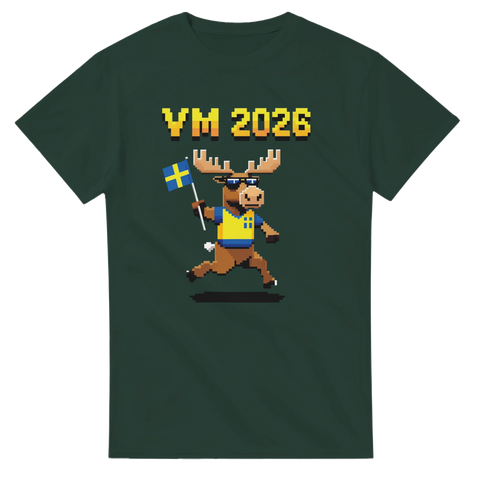 Svensk supporterälg i pixelstil på mörkgrön t-shirt för VM