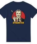 Vektoriserat porträtt av Alfred Nobel-liknande karaktär med dynamit – marinblå t-shirt
