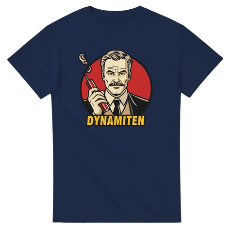 Vektoriserat porträtt av Alfred Nobel-liknande karaktär med dynamit – marinblå t-shirt
