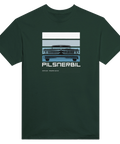Stiliserad front av en 50-talsbil på mörkgrön t-shirt – raggarkultur design