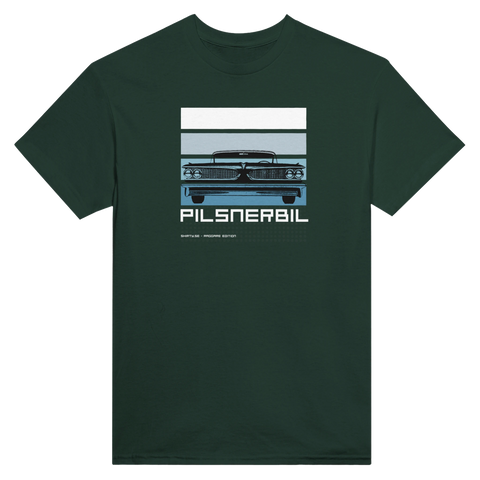 Stiliserad front av en 50-talsbil på mörkgrön t-shirt – raggarkultur design
