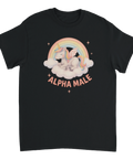 Grafisk illustration av en sovande enhörning med texten Alpha Male – svart t-shirt