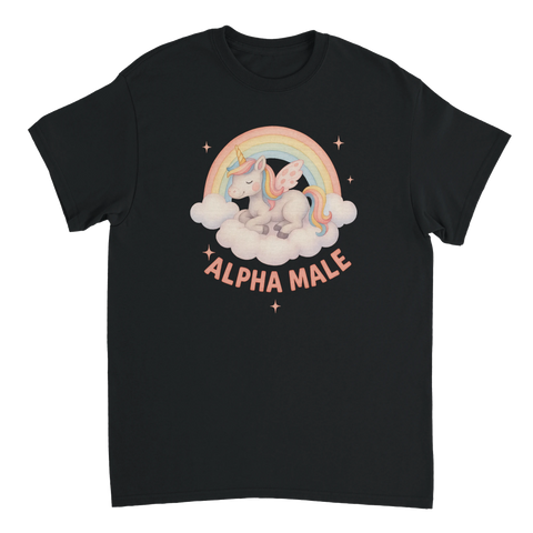 Grafisk illustration av en sovande enhörning med texten Alpha Male – svart t-shirt