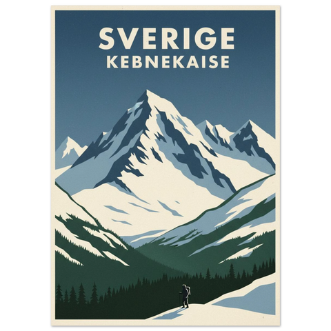 Närbild på en naturposter föreställande Kebnekaise i grafisk stil med texten Sverige Kebnekaise i toppen.