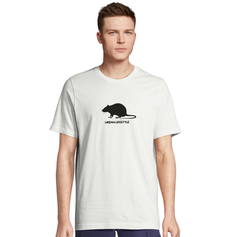 Svart råttsilhuett med text "URBAN LIFESTYLE" på krämvit premium herr-t-shirt.