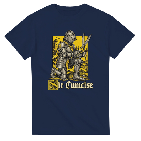 Satiriskt motiv av riddare och texten Sir Cumcise – rolig t-shirt med attityd