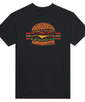 Grafisk illustration av en hamburgare i retrostil med ränder – vintage t-shirt