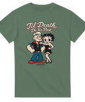 Olivgrön t-shirt med nostalgiskt motiv av ikoniska animationstryck