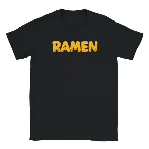 Humoristisk t-shirt med grafiskt Ramen-motiv i fyllig gul typografi