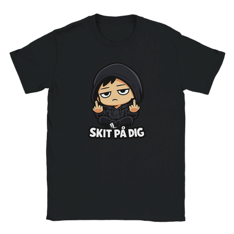 Sittande tecknad figur med huvtröja ger fingret, text "SKIT PÅ DIG" på svart t-shirt.