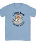 Ljusblå t-shirt med farfar, en höna och texten ”Lägg ägg i farfars skägg”.