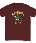Vinröd t-shirt med en kaffeserverande julgran och texten ”Barrista”.