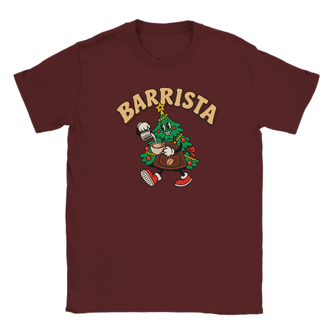 Vinröd t-shirt med en kaffeserverande julgran och texten ”Barrista”.