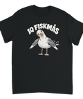 Svart t-shirt med en tecknad mås och texten IQ Fiskmås.
