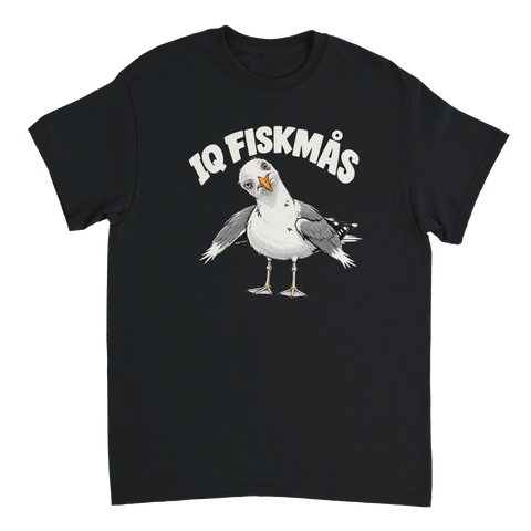 Svart t-shirt med en tecknad mås och texten IQ Fiskmås.