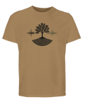 Stiliserat träd med ljudvågor på beige ekologisk t-shirt, minimalistisk design.