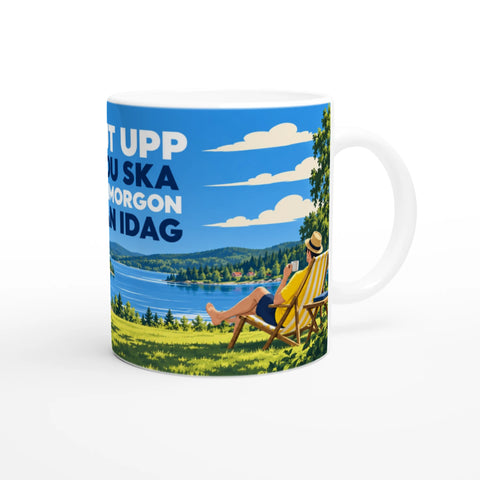 Illustration av man i solstol vid en sjö på keramisk mugg