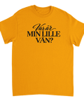 Orangegul t-shirt med texten ”Var är min lille vän?”.