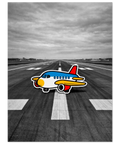 Illustration av ett litet färgglatt flygplan i blått, gult och rött mitt på en svartvit startbana under en molnig himmel.