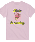 Ljusrosa t-shirt med en skämtsam kombination av gullig grafik och vågat budskap