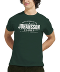 Modell i mörkgrön t-shirt med texten Johansson – A Family of Originals