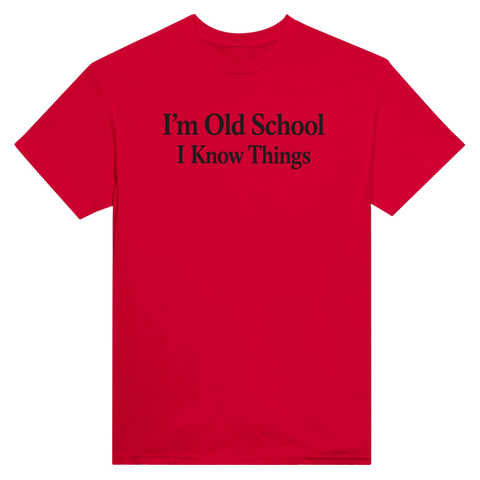 Självsäkert text-motiv för erfarna personer på röd t-shirt