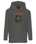 Detaljrik illustration av stegosaurus med kaxig attityd på mörkgrå barnhoodie
