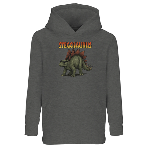 Detaljrik illustration av stegosaurus med kaxig attityd på mörkgrå barnhoodie