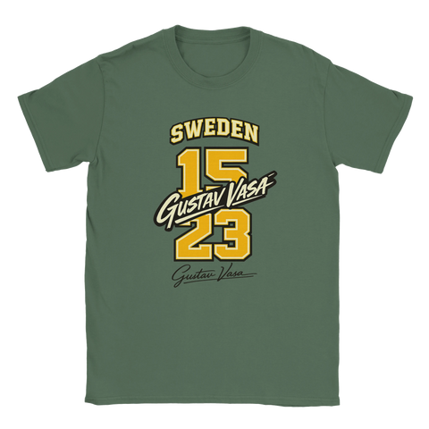 Vintageinspirerat motiv med texten Sweden Gustav Vasa på grön t-shirt