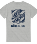 Stiliserat stadsvapen med dödskalle-estetik och Göteborg-text på gråmelerad t-shirt