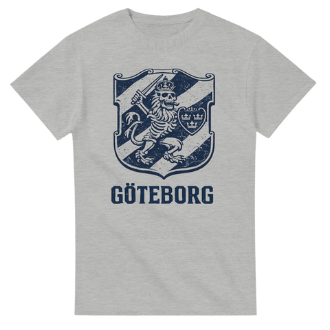 Stiliserat stadsvapen med dödskalle-estetik och Göteborg-text på gråmelerad t-shirt