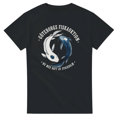 Illustration av fiskar i yin och yang-stil med humoristiskt citat på mörkgrå t-shirt