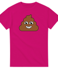 Bajsemoji med glada ögon och vitt leende på cerise t-shirt.