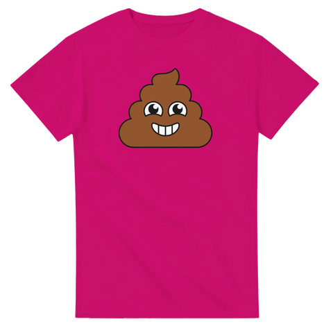 Bajsemoji med glada ögon och vitt leende på cerise t-shirt.