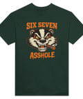 Mörkgrön t-shirt med retro illustration av en rökande grävling i orange stil