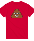Leende bajs-emoji med vita tänder på röd t-shirt.