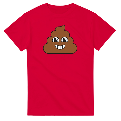 Leende bajs-emoji med vita tänder på röd t-shirt.