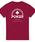 Vinröd t-shirt med illustration av spelkort och texten Poker