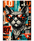 Närbild på en kattposter med grafisk textur, slitna ytor och en cool sphynx-katt framför siffror och symboler.